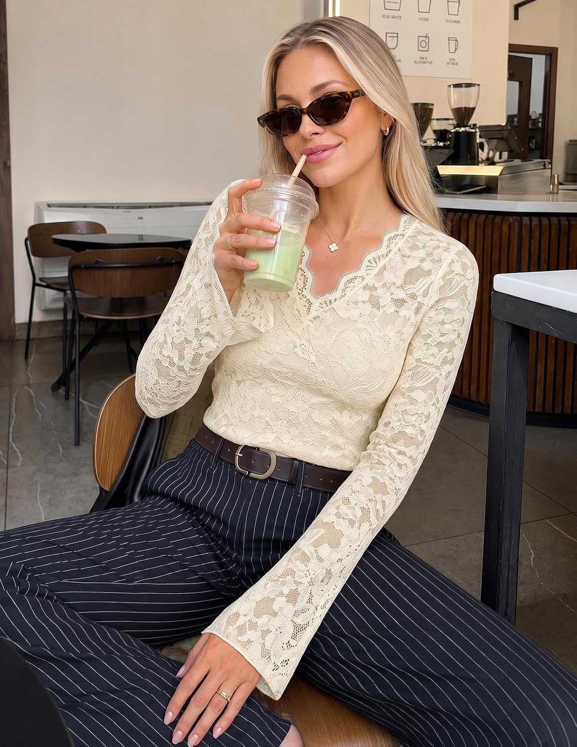 image:imageMEROKEETY Women Fall Lace Long Bell Sleeve Blouse V Neck Dressy Shirt Tops 2026 Trendy Fitted Floral Jacquard Mesh Sheer Sleeves Torsolined Business Casual Fashion Outfit Winter ClothesBeige