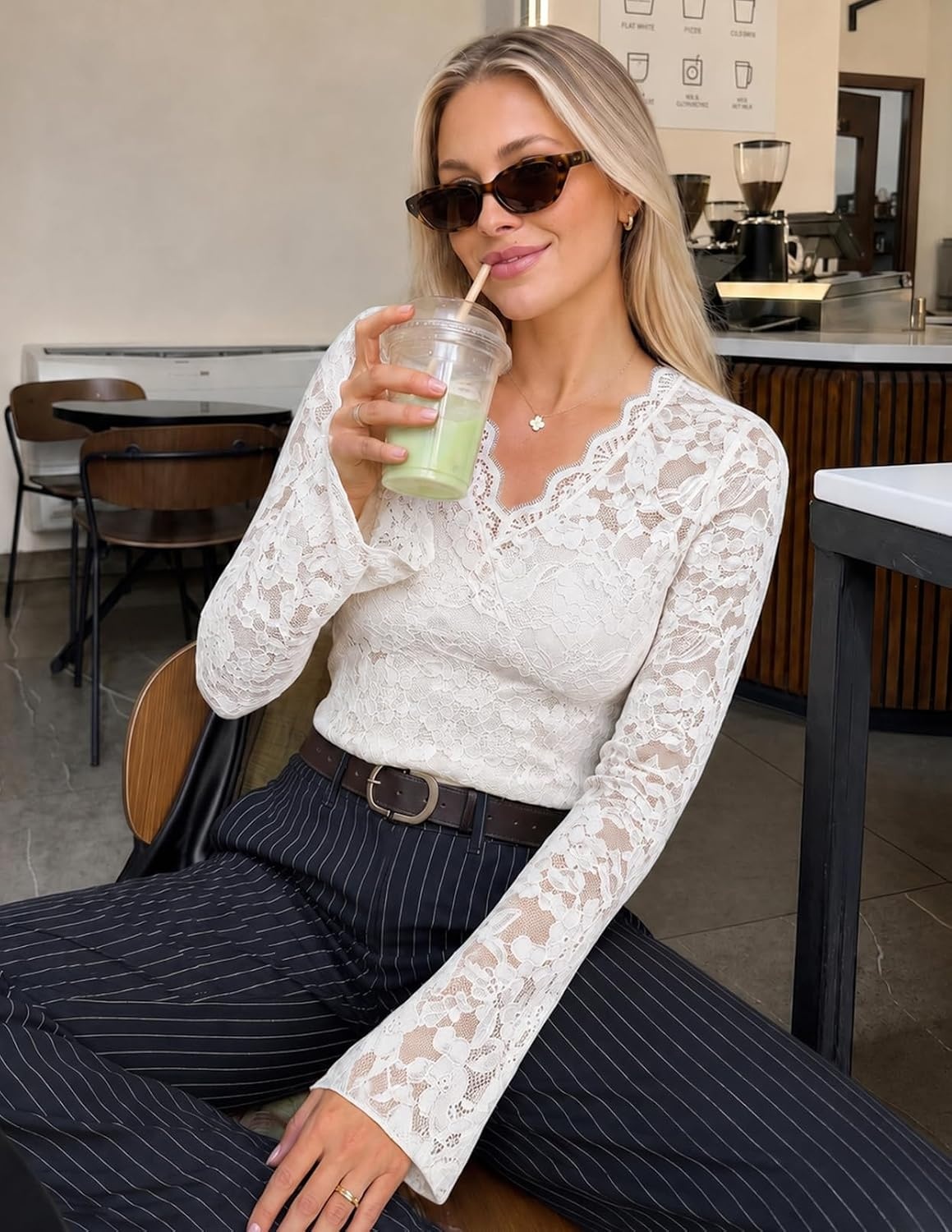 image:imageMEROKEETY Women Fall Lace Long Bell Sleeve Blouse V Neck Dressy Shirt Tops 2026 Trendy Fitted Floral Jacquard Mesh Sheer Sleeves Torsolined Business Casual Fashion Outfit Winter ClothesWhite