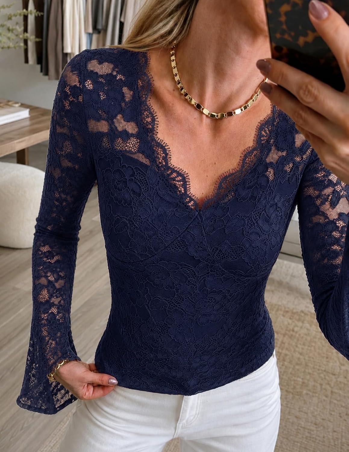image:imageMEROKEETY Women Fall Lace Long Bell Sleeve Blouse V Neck Dressy Shirt Tops 2026 Trendy Fitted Floral Jacquard Mesh Sheer Sleeves Torsolined Business Casual Fashion Outfit Winter ClothesNavy