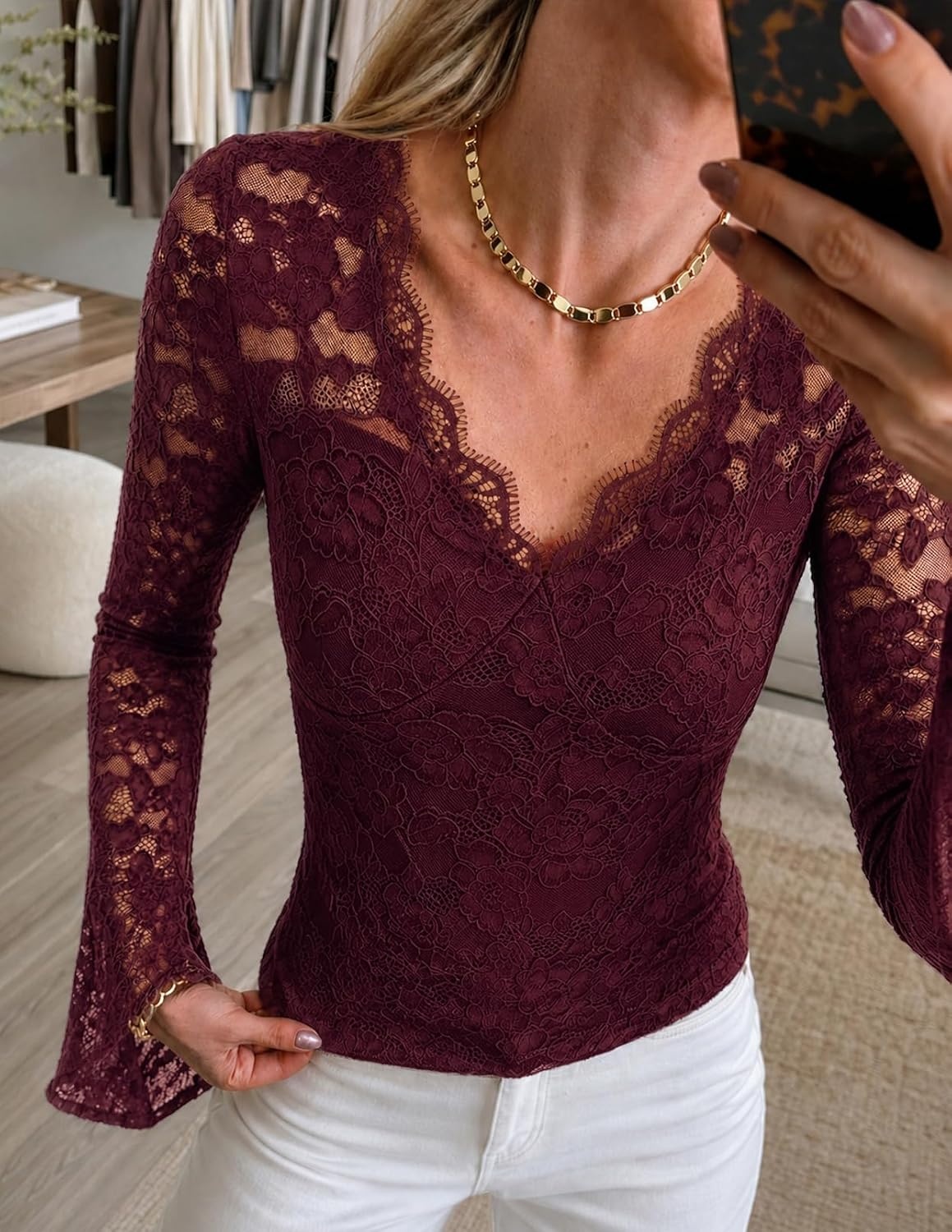 image:imageMEROKEETY Women Fall Lace Long Bell Sleeve Blouse V Neck Dressy Shirt Tops 2026 Trendy Fitted Floral Jacquard Mesh Sheer Sleeves Torsolined Business Casual Fashion Outfit Winter ClothesBurgundy