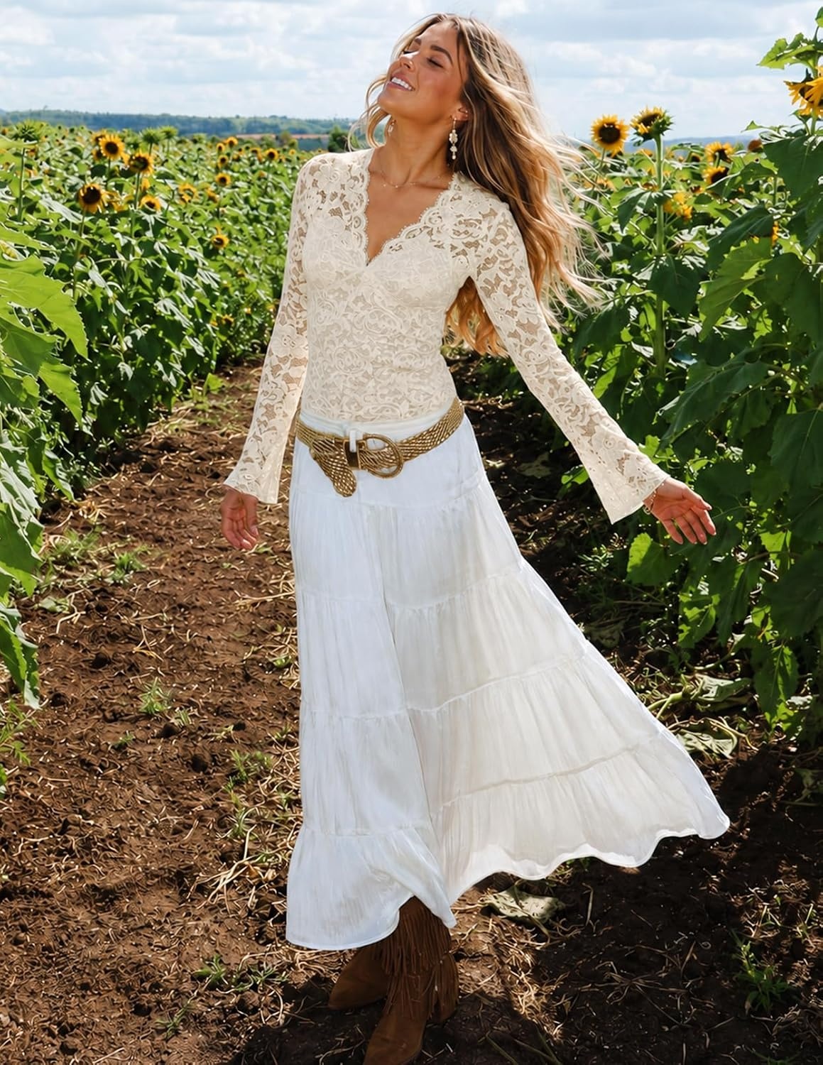 image:imageMEROKEETY Women Fall Lace Long Bell Sleeve Blouse V Neck Dressy Shirt Tops 2026 Trendy Fitted Floral Jacquard Mesh Sheer Sleeves Torsolined Business Casual Fashion Outfit Winter ClothesBeige