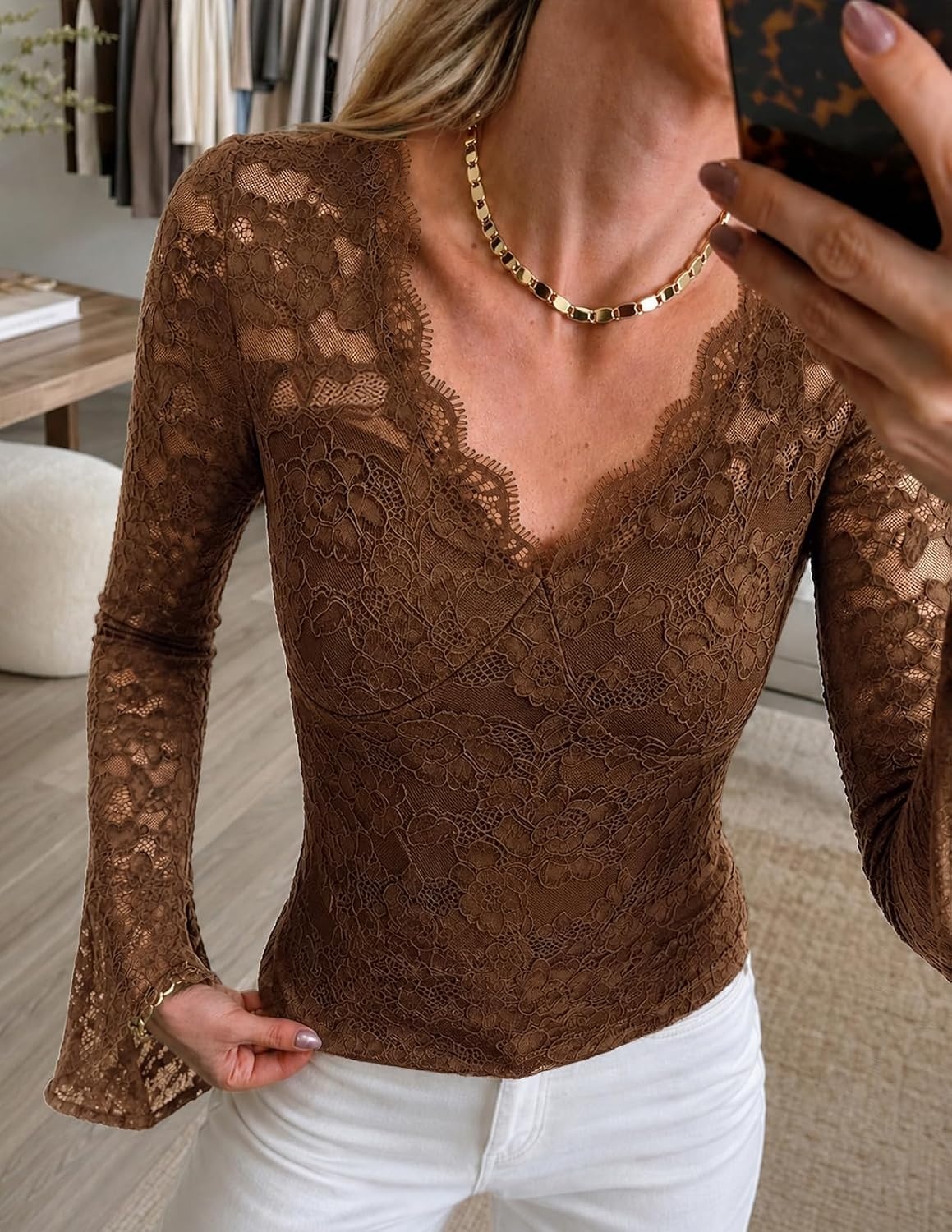 image:imageMEROKEETY Women Fall Lace Long Bell Sleeve Blouse V Neck Dressy Shirt Tops 2026 Trendy Fitted Floral Jacquard Mesh Sheer Sleeves Torsolined Business Casual Fashion Outfit Winter ClothesBrown
