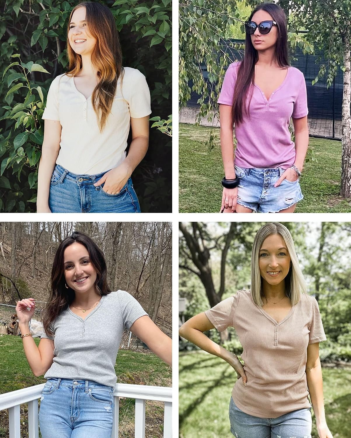 image:imageMEROKEETY Womens 2026 Summer Short Sleeve Tops Casual T Shirts V Neck Ribbed Knit Henley Button Down Trendy Fashion Basic Tee Shirts Blouses Going Out Outfits ClothesAlmond