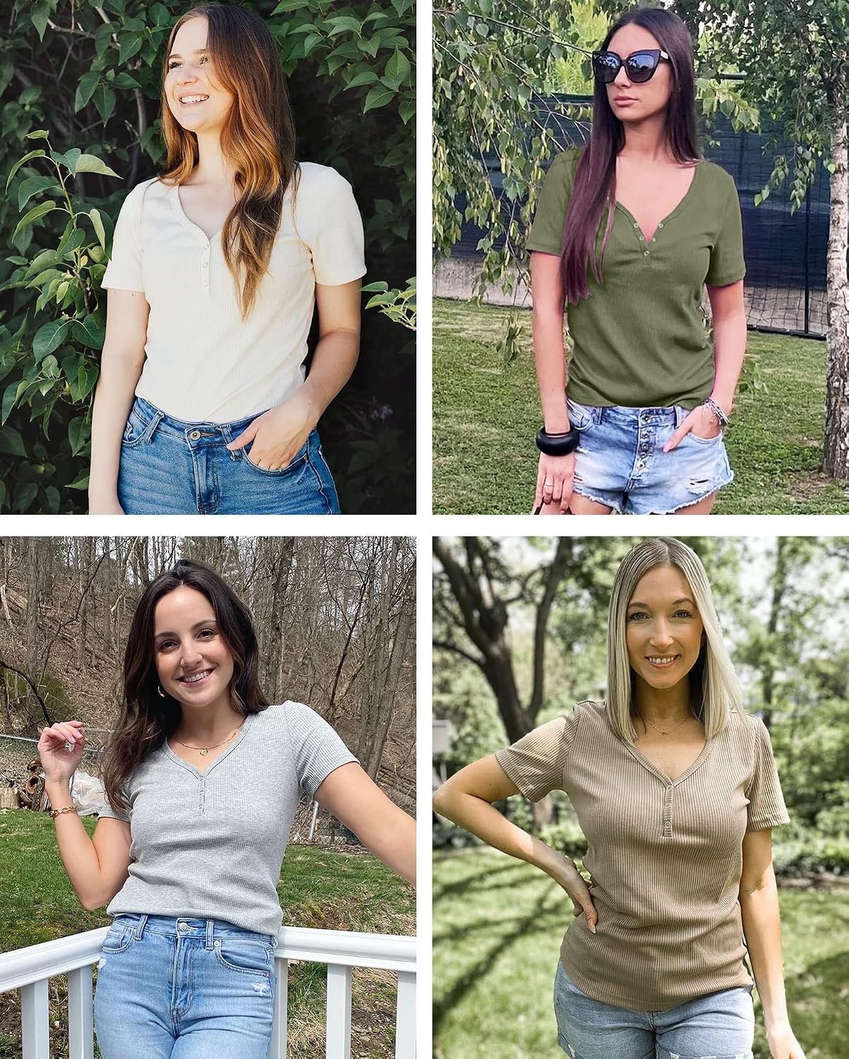 image:imageMEROKEETY Womens 2026 Summer Short Sleeve Tops Casual T Shirts V Neck Ribbed Knit Henley Button Down Trendy Fashion Basic Tee Shirts Blouses Going Out Outfits ClothesGreen