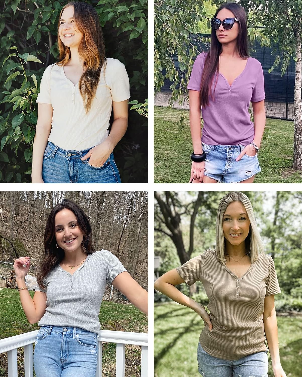 image:imageMEROKEETY Womens 2026 Summer Short Sleeve Tops Casual T Shirts V Neck Ribbed Knit Henley Button Down Trendy Fashion Basic Tee Shirts Blouses Going Out Outfits ClothesLavender