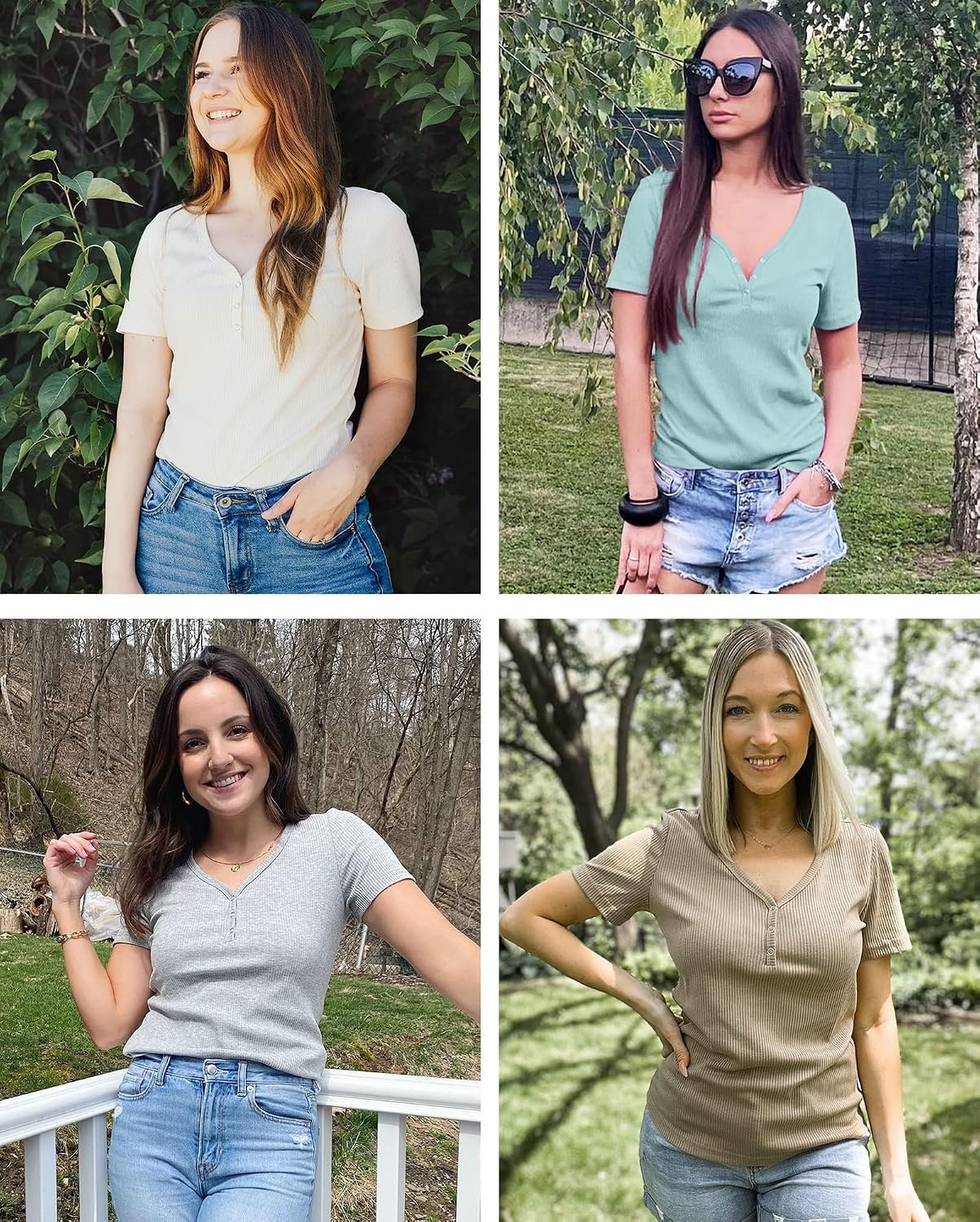 image:imageMEROKEETY Womens 2026 Summer Short Sleeve Tops Casual T Shirts V Neck Ribbed Knit Henley Button Down Trendy Fashion Basic Tee Shirts Blouses Going Out Outfits ClothesLightblue