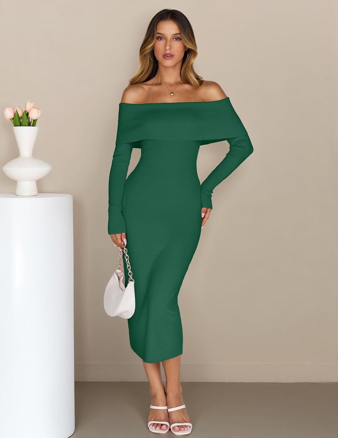 image:imageMEROKEETY Womens Fall Off Shoulder Long Sleeve Bodycon Midi Sweater Dress 2026 Winter Formal Engagement Sexy Date Night Baby Shower Maternity Bridal Shower Wedding Holiday Party DressesDarkgreen