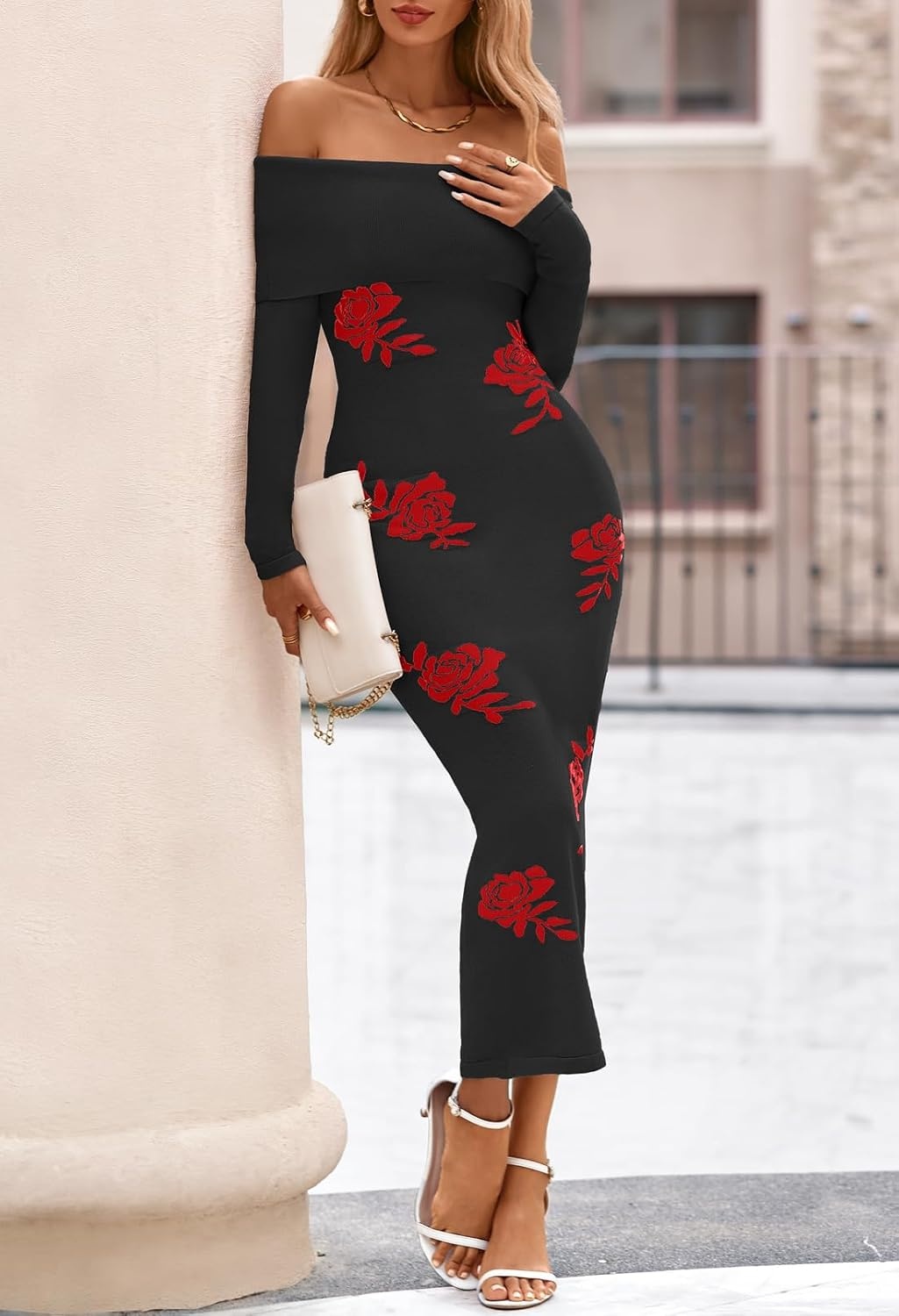image:imageMEROKEETY Womens Fall Off Shoulder Long Sleeve Bodycon Midi Sweater Dress 2026 Winter Formal Engagement Sexy Date Night Baby Shower Maternity Bridal Shower Wedding Holiday Party DressesBlackrose