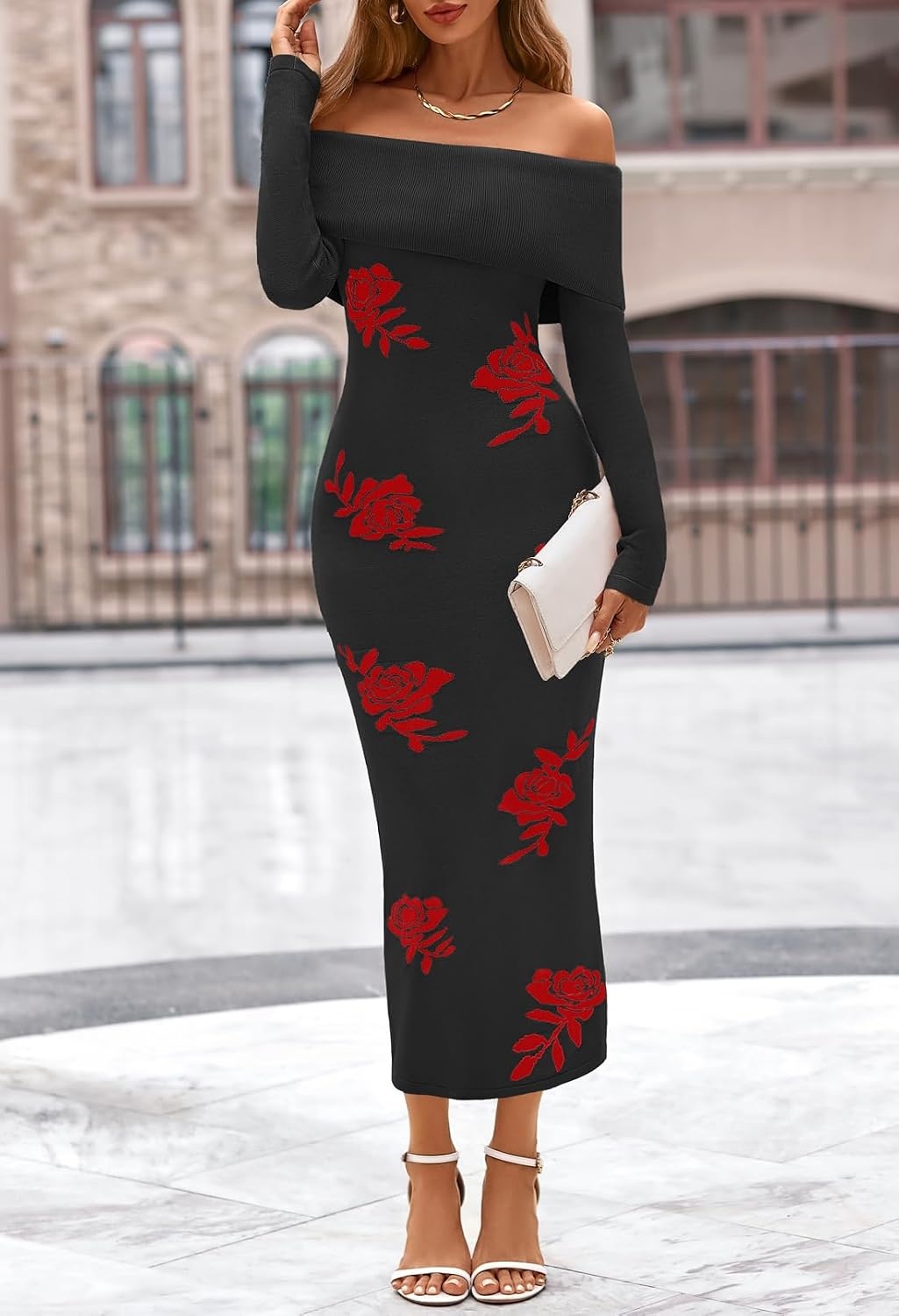 image:imageMEROKEETY Womens Fall Off Shoulder Long Sleeve Bodycon Midi Sweater Dress 2026 Winter Formal Engagement Sexy Date Night Baby Shower Maternity Bridal Shower Wedding Holiday Party DressesBlackrose