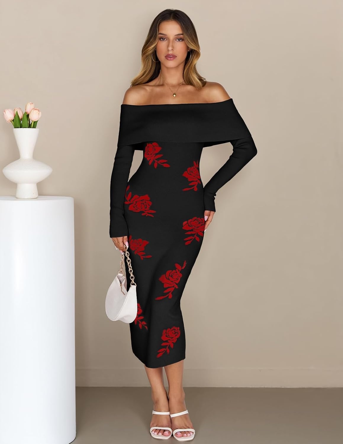 image:imageMEROKEETY Womens Fall Off Shoulder Long Sleeve Bodycon Midi Sweater Dress 2026 Winter Formal Engagement Sexy Date Night Baby Shower Maternity Bridal Shower Wedding Holiday Party DressesBlackrose