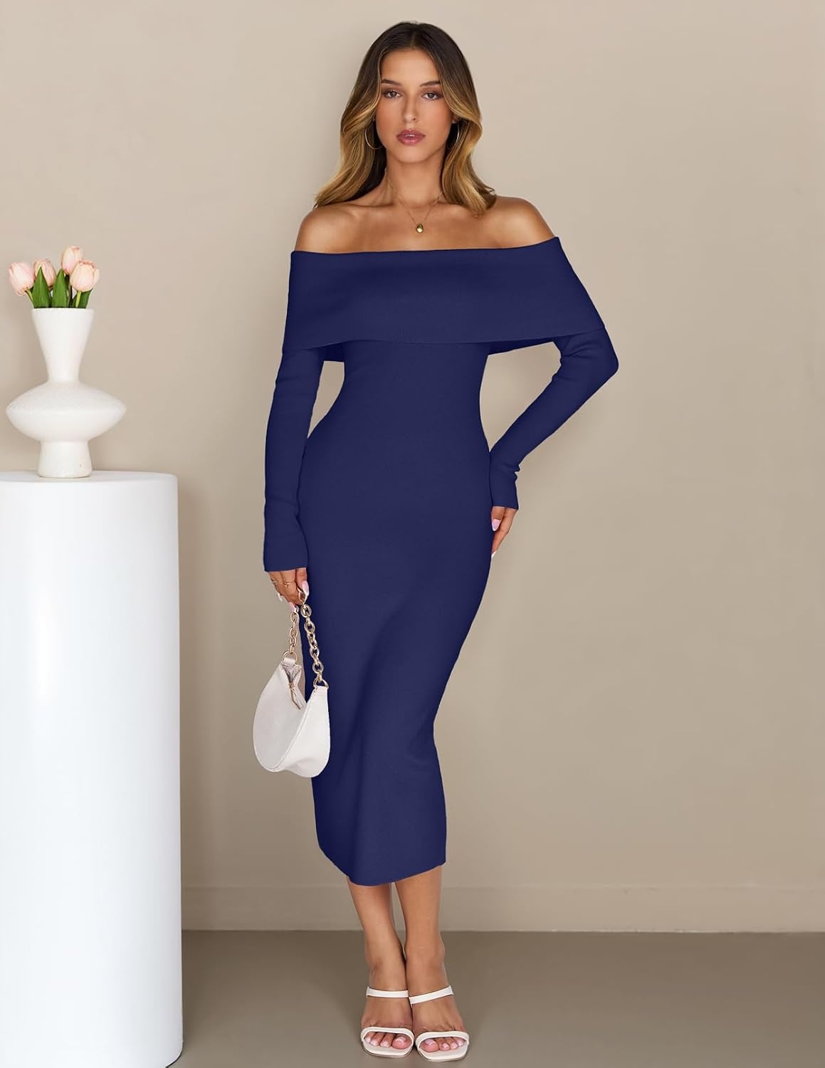 image:imageMEROKEETY Womens Fall Off Shoulder Long Sleeve Bodycon Midi Sweater Dress 2026 Winter Formal Engagement Sexy Date Night Baby Shower Maternity Bridal Shower Wedding Holiday Party DressesNavy