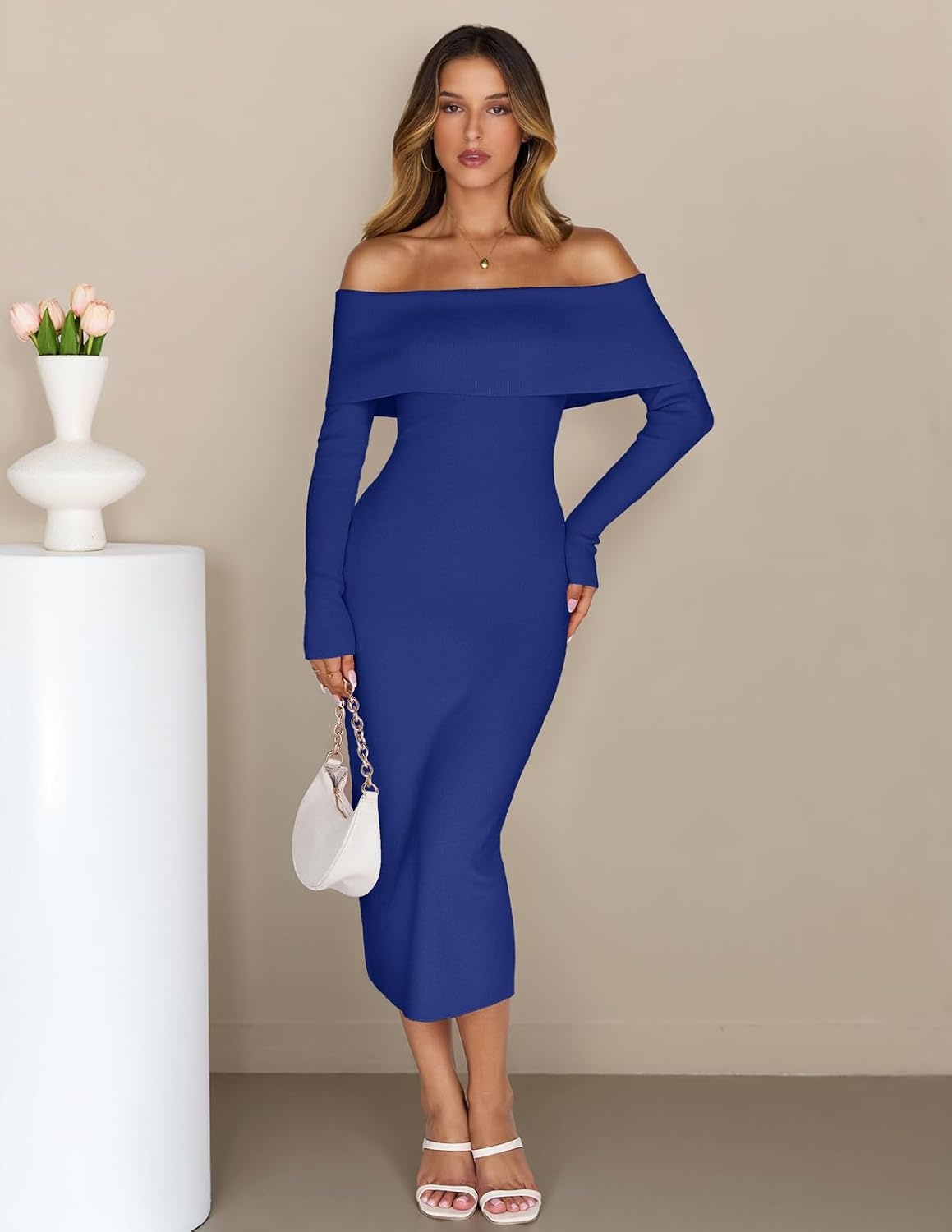 image:imageMEROKEETY Womens Fall Off Shoulder Long Sleeve Bodycon Midi Sweater Dress 2026 Winter Formal Engagement Sexy Date Night Baby Shower Maternity Bridal Shower Wedding Holiday Party DressesRoyalblue