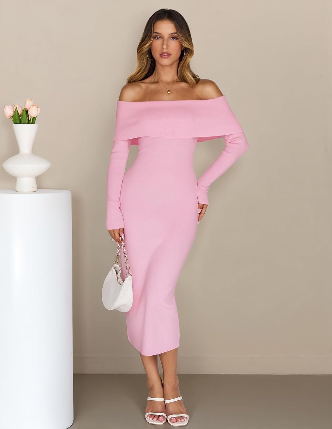 image:imageMEROKEETY Womens Fall Off Shoulder Long Sleeve Bodycon Midi Sweater Dress 2026 Winter Formal Engagement Sexy Date Night Baby Shower Maternity Bridal Shower Wedding Holiday Party DressesLightpink