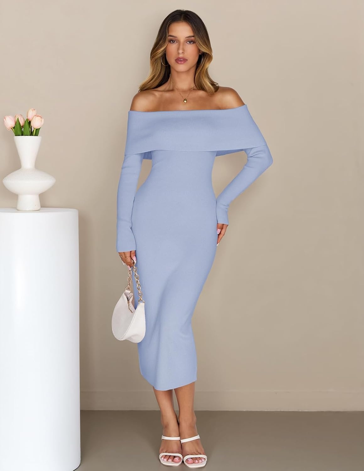 image:imageMEROKEETY Womens Fall Off Shoulder Long Sleeve Bodycon Midi Sweater Dress 2026 Winter Formal Engagement Sexy Date Night Baby Shower Maternity Bridal Shower Wedding Holiday Party DressesBlue