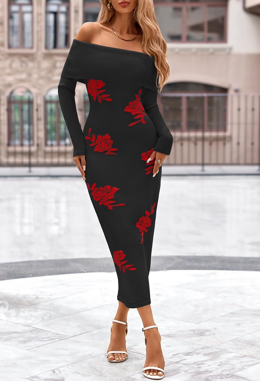 image:imageMEROKEETY Womens Fall Off Shoulder Long Sleeve Bodycon Midi Sweater Dress 2026 Winter Formal Engagement Sexy Date Night Baby Shower Maternity Bridal Shower Wedding Holiday Party DressesBlackrose