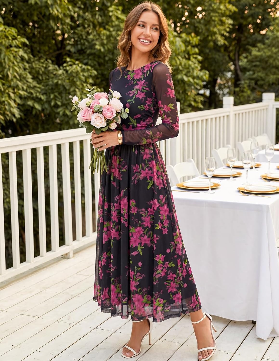 image:imageMEROKEETY Womens Fall Wedding Guest Cocktail Long Sleeve Floral Maxi Dress 2026 Winter Crewneck High Waist A Line Flowy Pleated Lined Party Baby Shower Elegant Formal Long Dress with PocketsBlack