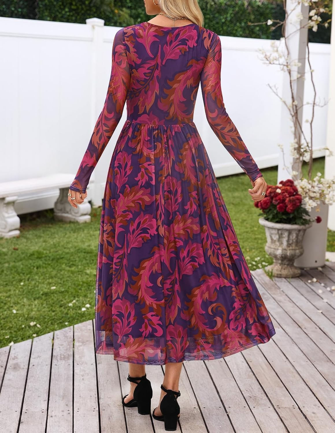 image:imageMEROKEETY Womens Fall Wedding Guest Cocktail Long Sleeve Floral Maxi Dress 2026 Winter Crewneck High Waist A Line Flowy Pleated Lined Party Baby Shower Elegant Formal Long Dress with PocketsPlum