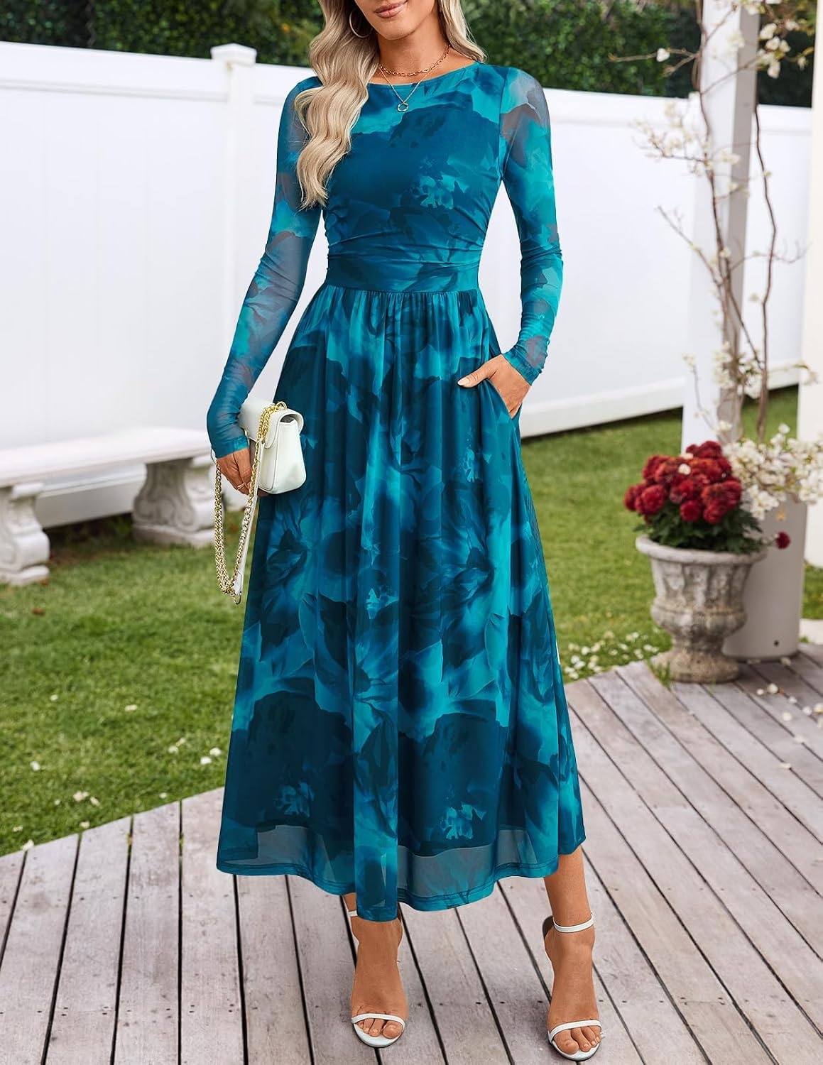 image:imageMEROKEETY Womens Fall Wedding Guest Cocktail Long Sleeve Floral Maxi Dress 2026 Winter Crewneck High Waist A Line Flowy Pleated Lined Party Baby Shower Elegant Formal Long Dress with PocketsTeal