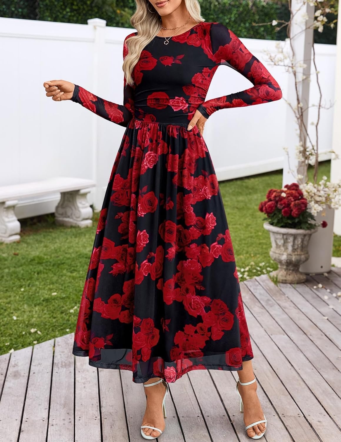image:imageMEROKEETY Womens Fall Wedding Guest Cocktail Long Sleeve Floral Maxi Dress 2026 Winter Crewneck High Waist A Line Flowy Pleated Lined Party Baby Shower Elegant Formal Long Dress with PocketsBlack Red