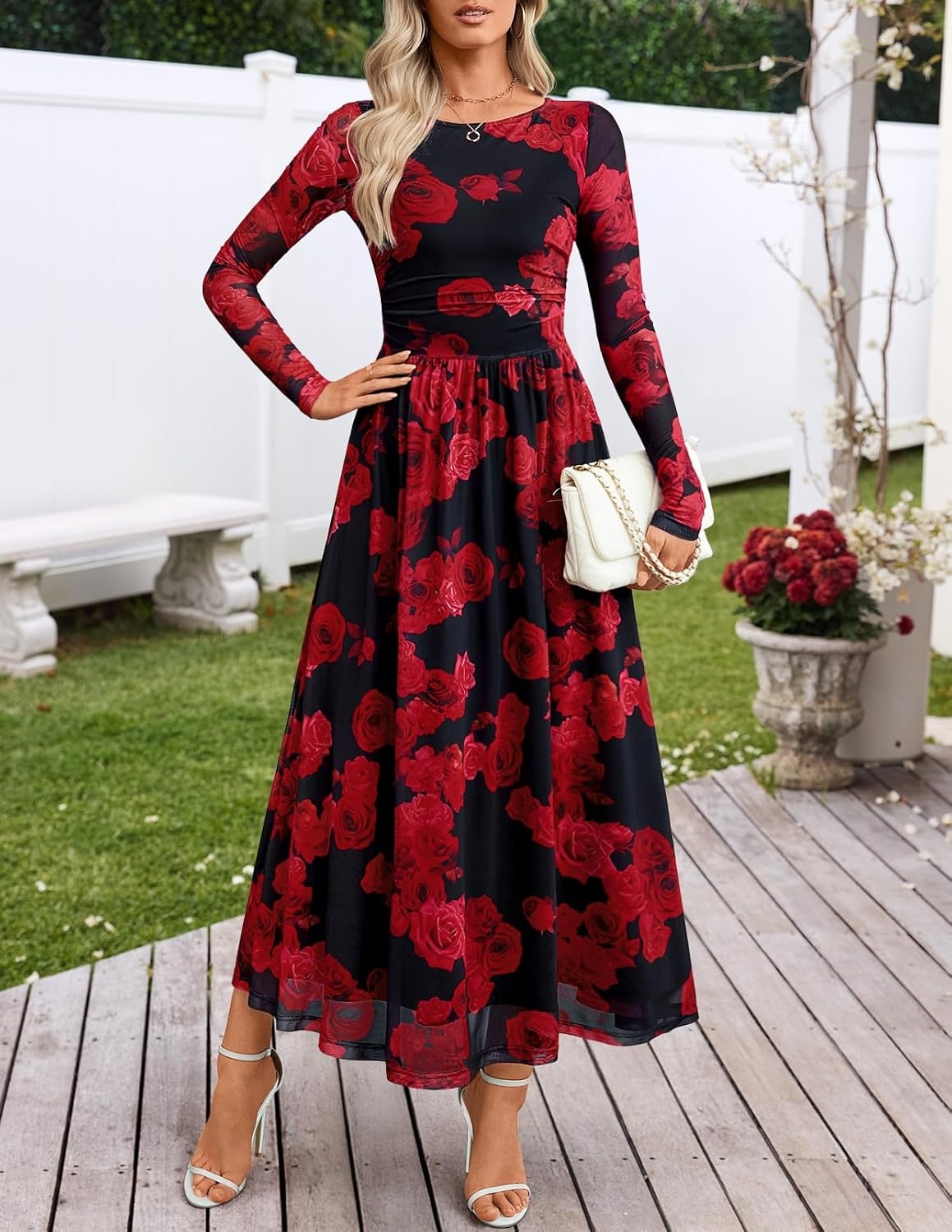image:imageMEROKEETY Womens Fall Wedding Guest Cocktail Long Sleeve Floral Maxi Dress 2026 Winter Crewneck High Waist A Line Flowy Pleated Lined Party Baby Shower Elegant Formal Long Dress with PocketsBlack Red