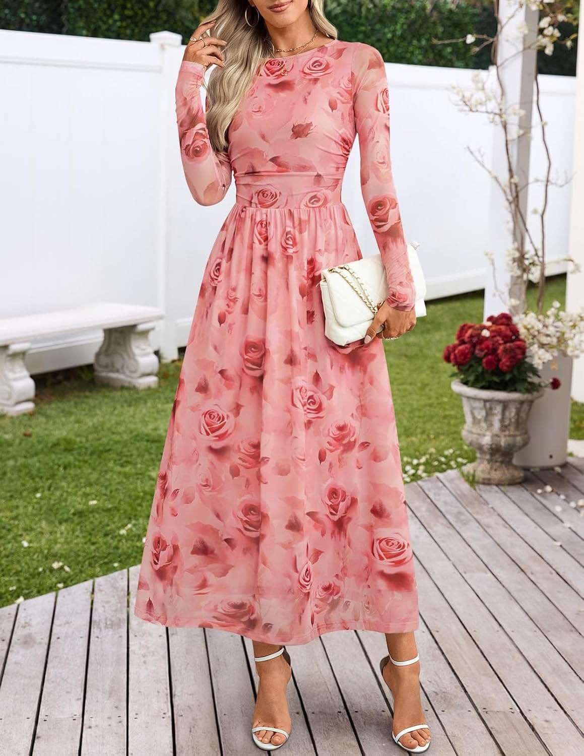 image:imageMEROKEETY Womens Fall Wedding Guest Cocktail Long Sleeve Floral Maxi Dress 2026 Winter Crewneck High Waist A Line Flowy Pleated Lined Party Baby Shower Elegant Formal Long Dress with PocketsPink