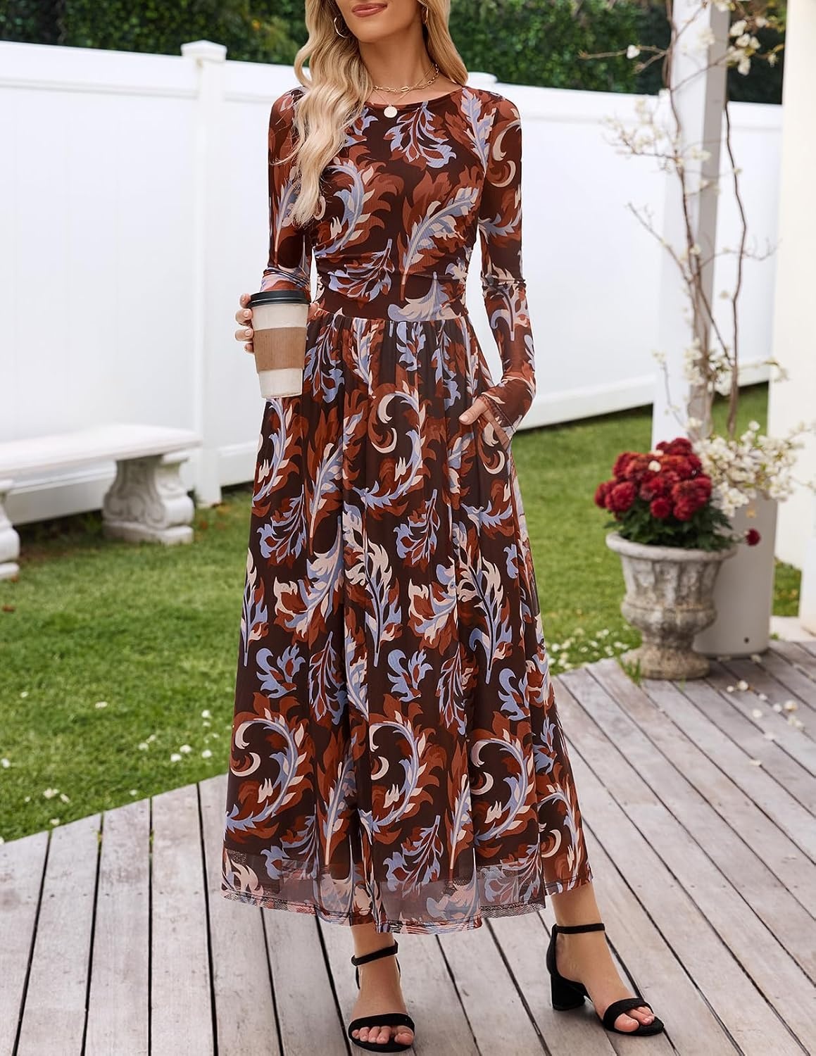 image:imageMEROKEETY Womens Fall Wedding Guest Cocktail Long Sleeve Floral Maxi Dress 2026 Winter Crewneck High Waist A Line Flowy Pleated Lined Party Baby Shower Elegant Formal Long Dress with PocketsBrown