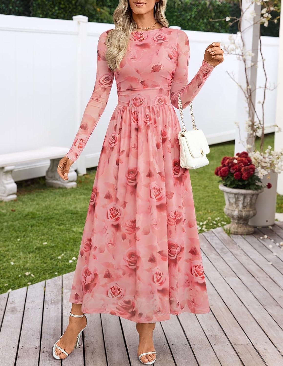 image:imageMEROKEETY Womens Fall Wedding Guest Cocktail Long Sleeve Floral Maxi Dress 2026 Winter Crewneck High Waist A Line Flowy Pleated Lined Party Baby Shower Elegant Formal Long Dress with PocketsPink