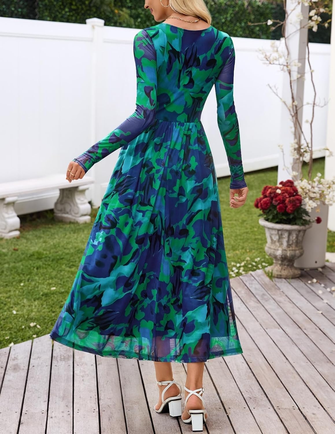 image:imageMEROKEETY Womens Fall Wedding Guest Cocktail Long Sleeve Floral Maxi Dress 2026 Winter Crewneck High Waist A Line Flowy Pleated Lined Party Baby Shower Elegant Formal Long Dress with PocketsGreen
