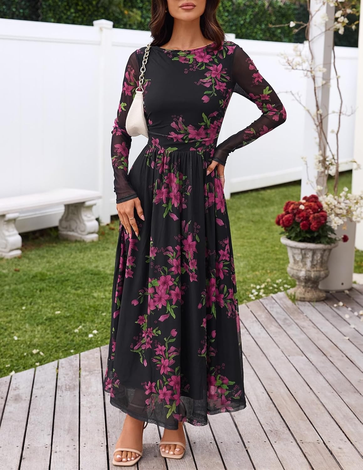image:imageMEROKEETY Womens Fall Wedding Guest Cocktail Long Sleeve Floral Maxi Dress 2026 Winter Crewneck High Waist A Line Flowy Pleated Lined Party Baby Shower Elegant Formal Long Dress with PocketsBlack