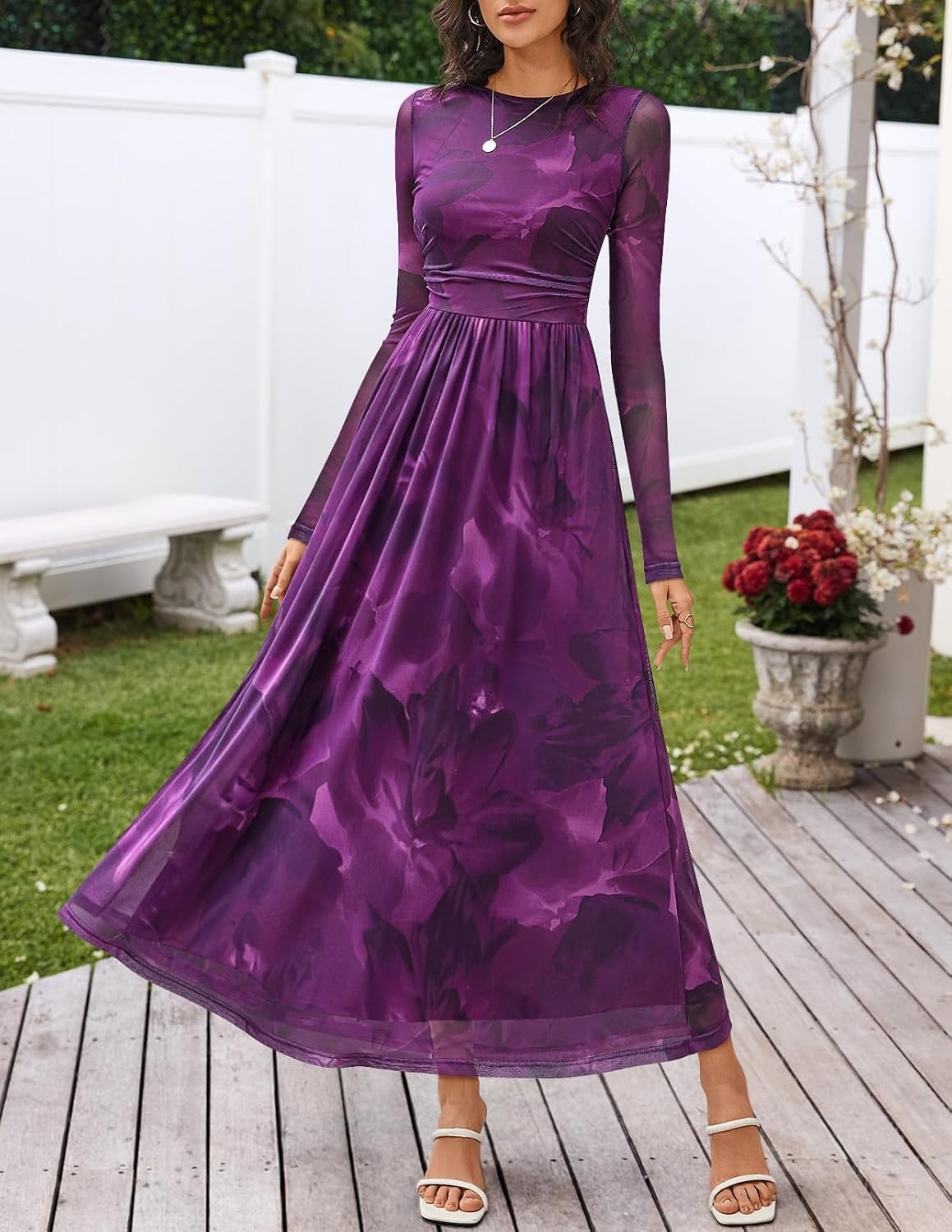 image:imageMEROKEETY Womens Fall Wedding Guest Cocktail Long Sleeve Floral Maxi Dress 2026 Winter Crewneck High Waist A Line Flowy Pleated Lined Party Baby Shower Elegant Formal Long Dress with PocketsPurple