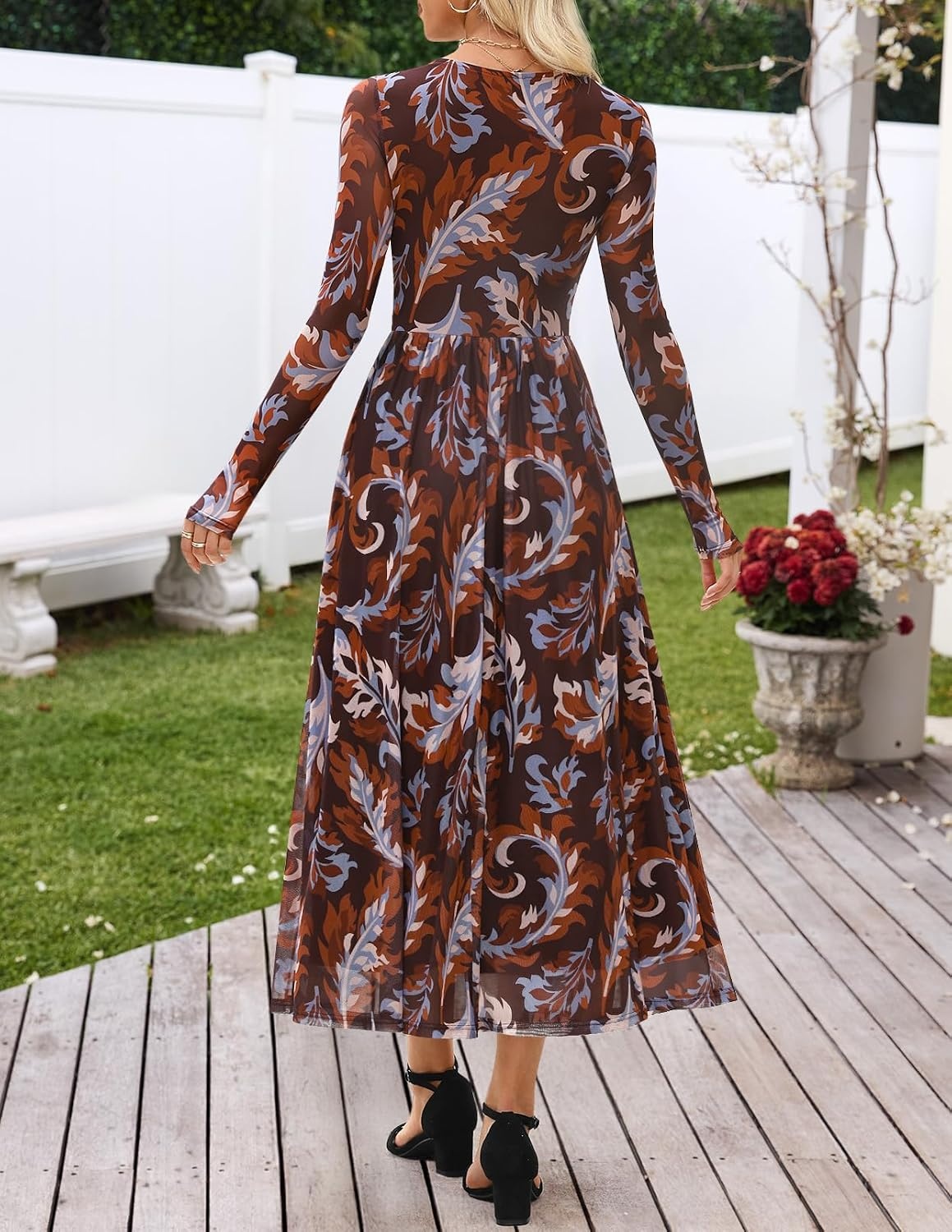 image:imageMEROKEETY Womens Fall Wedding Guest Cocktail Long Sleeve Floral Maxi Dress 2026 Winter Crewneck High Waist A Line Flowy Pleated Lined Party Baby Shower Elegant Formal Long Dress with PocketsBrown