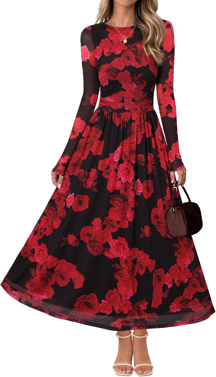 image:imageMEROKEETY Womens Fall Wedding Guest Cocktail Long Sleeve Floral Maxi Dress 2026 Winter Crewneck High Waist A Line Flowy Pleated Lined Party Baby Shower Elegant Formal Long Dress with PocketsBlack Red