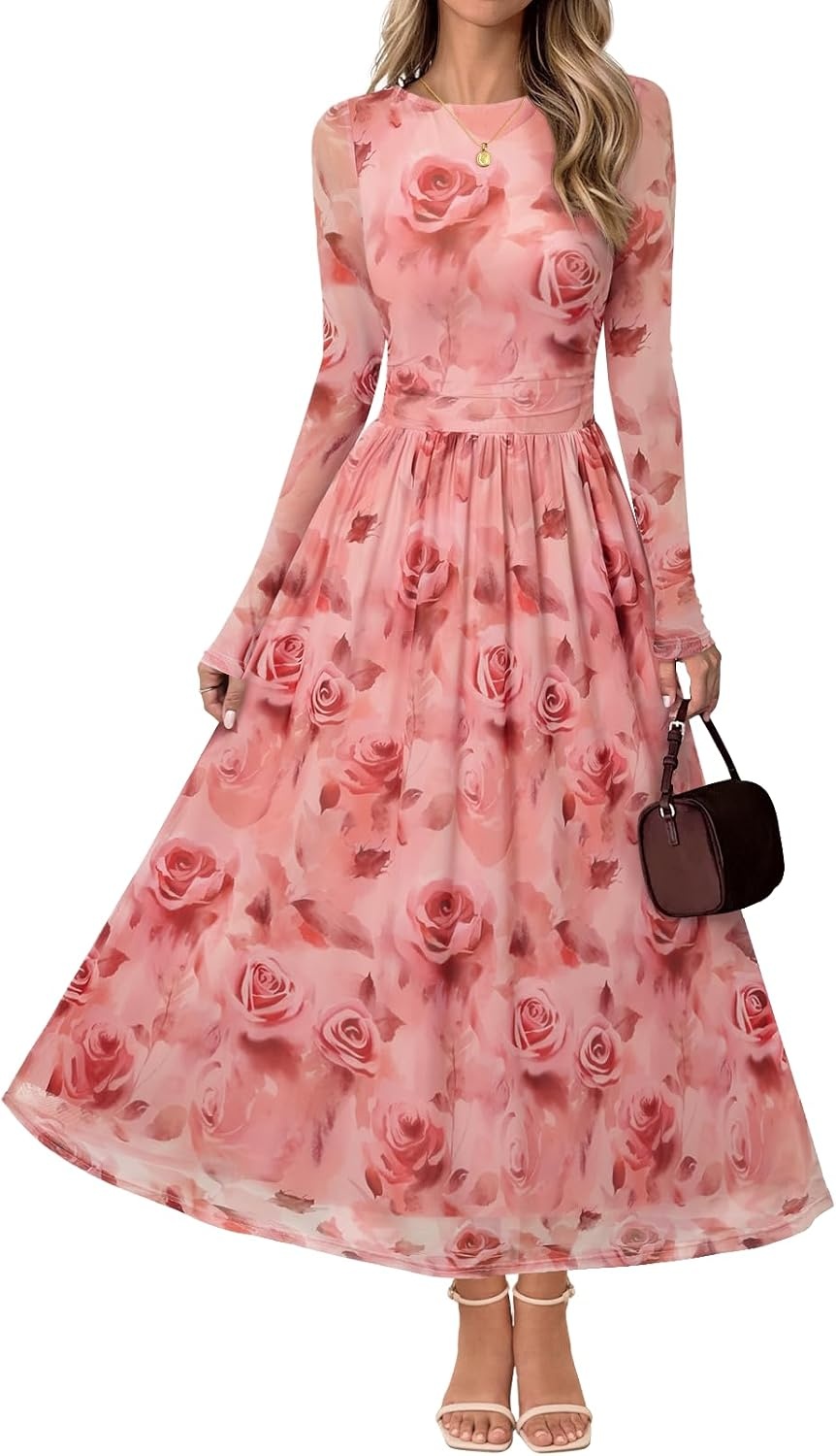 image:imageMEROKEETY Womens Fall Wedding Guest Cocktail Long Sleeve Floral Maxi Dress 2026 Winter Crewneck High Waist A Line Flowy Pleated Lined Party Baby Shower Elegant Formal Long Dress with PocketsPink