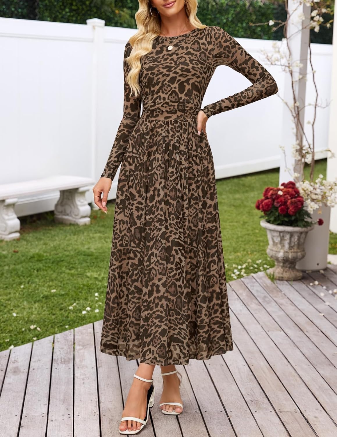 image:imageMEROKEETY Womens Fall Wedding Guest Cocktail Long Sleeve Floral Maxi Dress 2026 Winter Crewneck High Waist A Line Flowy Pleated Lined Party Baby Shower Elegant Formal Long Dress with PocketsLeopard
