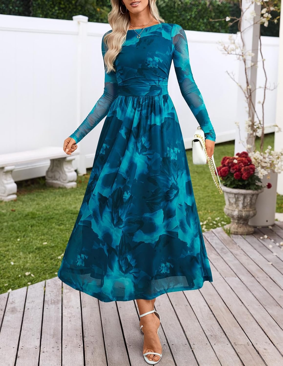 image:imageMEROKEETY Womens Fall Wedding Guest Cocktail Long Sleeve Floral Maxi Dress 2026 Winter Crewneck High Waist A Line Flowy Pleated Lined Party Baby Shower Elegant Formal Long Dress with PocketsTeal