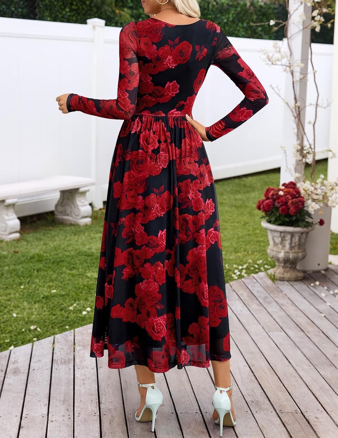 image:imageMEROKEETY Womens Fall Wedding Guest Cocktail Long Sleeve Floral Maxi Dress 2026 Winter Crewneck High Waist A Line Flowy Pleated Lined Party Baby Shower Elegant Formal Long Dress with PocketsBlack Red