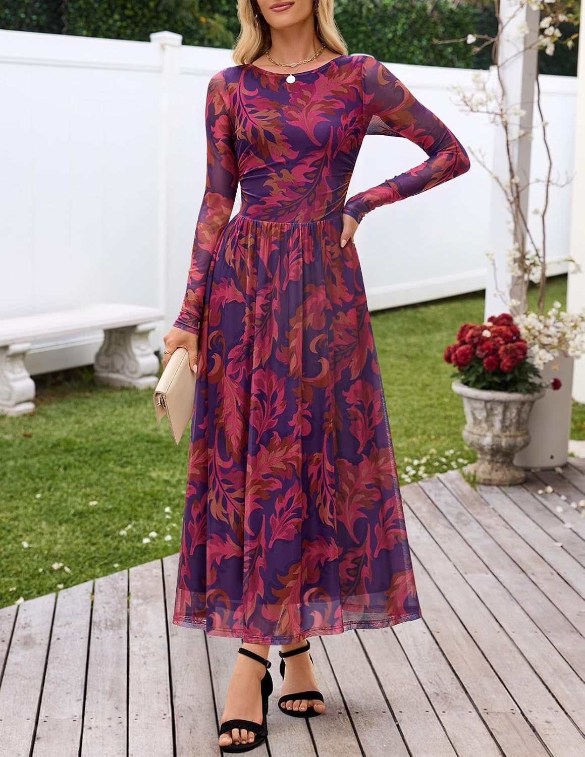 image:imageMEROKEETY Womens Fall Wedding Guest Cocktail Long Sleeve Floral Maxi Dress 2026 Winter Crewneck High Waist A Line Flowy Pleated Lined Party Baby Shower Elegant Formal Long Dress with PocketsPlum