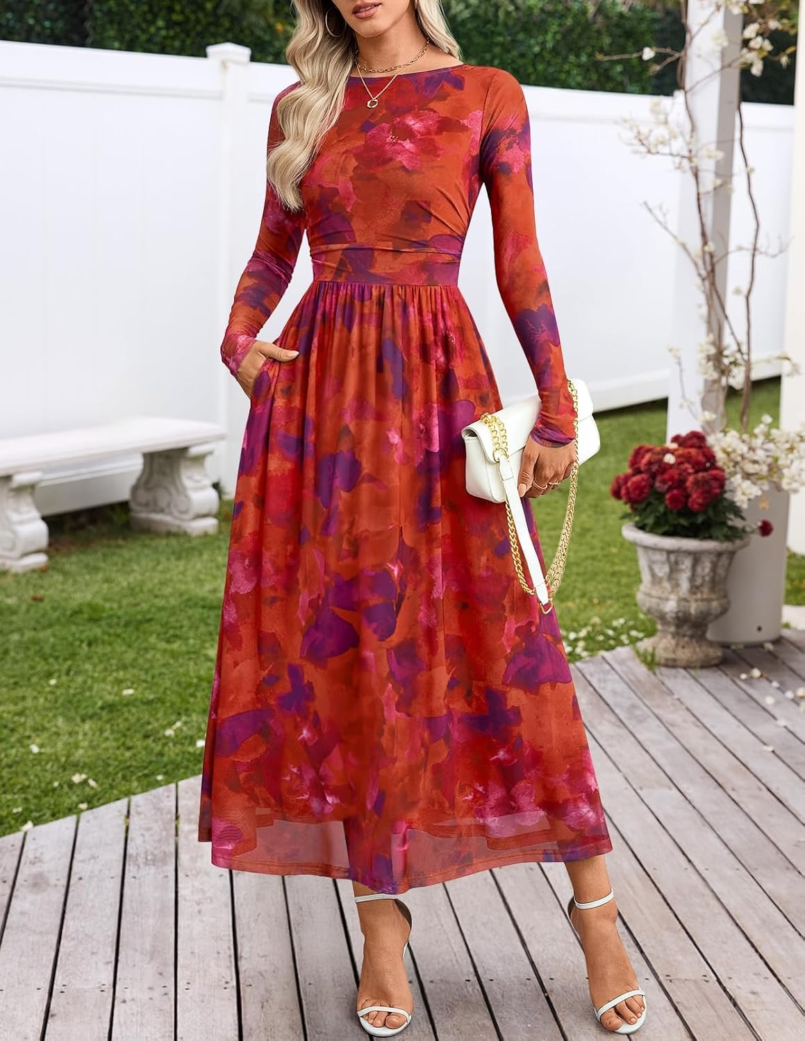 image:imageMEROKEETY Womens Fall Wedding Guest Cocktail Long Sleeve Floral Maxi Dress 2026 Winter Crewneck High Waist A Line Flowy Pleated Lined Party Baby Shower Elegant Formal Long Dress with PocketsRed
