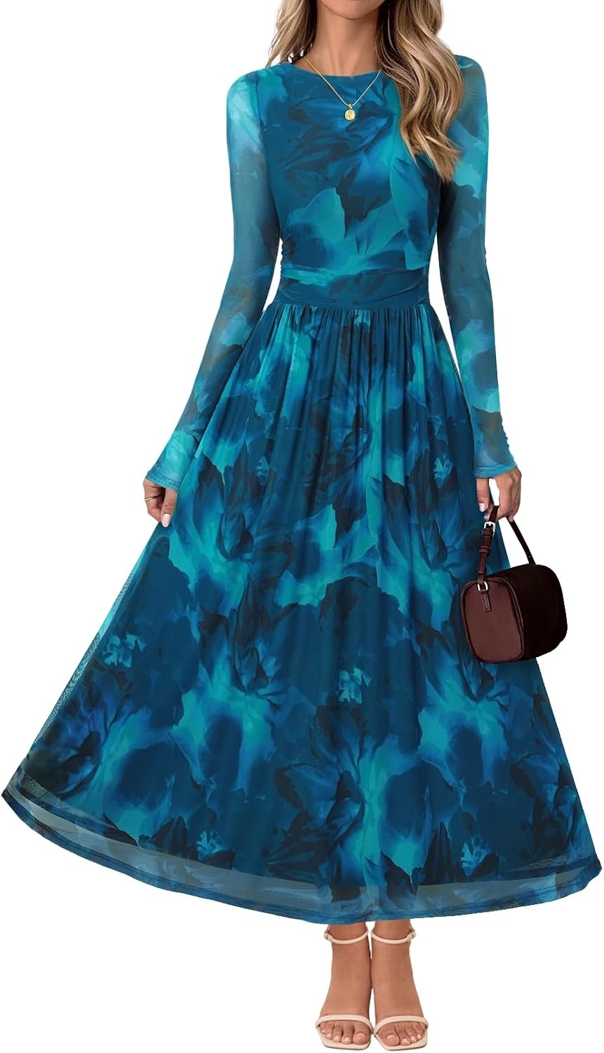 image:imageMEROKEETY Womens Fall Wedding Guest Cocktail Long Sleeve Floral Maxi Dress 2026 Winter Crewneck High Waist A Line Flowy Pleated Lined Party Baby Shower Elegant Formal Long Dress with PocketsTeal
