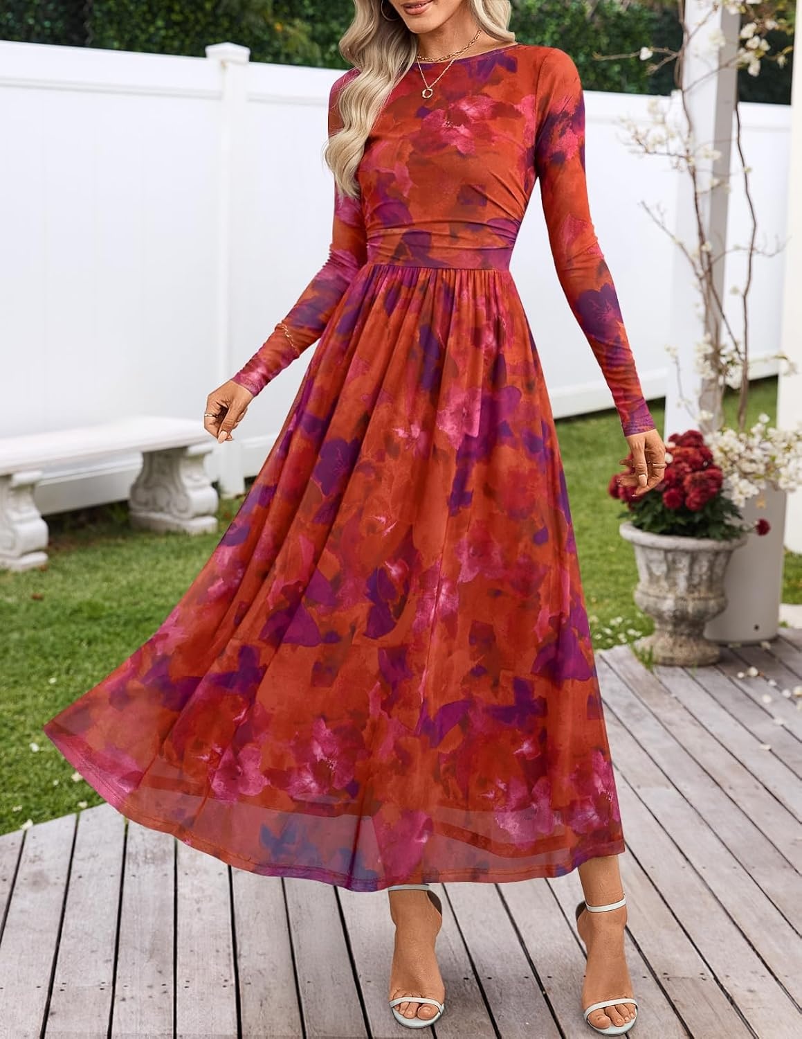 image:imageMEROKEETY Womens Fall Wedding Guest Cocktail Long Sleeve Floral Maxi Dress 2026 Winter Crewneck High Waist A Line Flowy Pleated Lined Party Baby Shower Elegant Formal Long Dress with PocketsRed