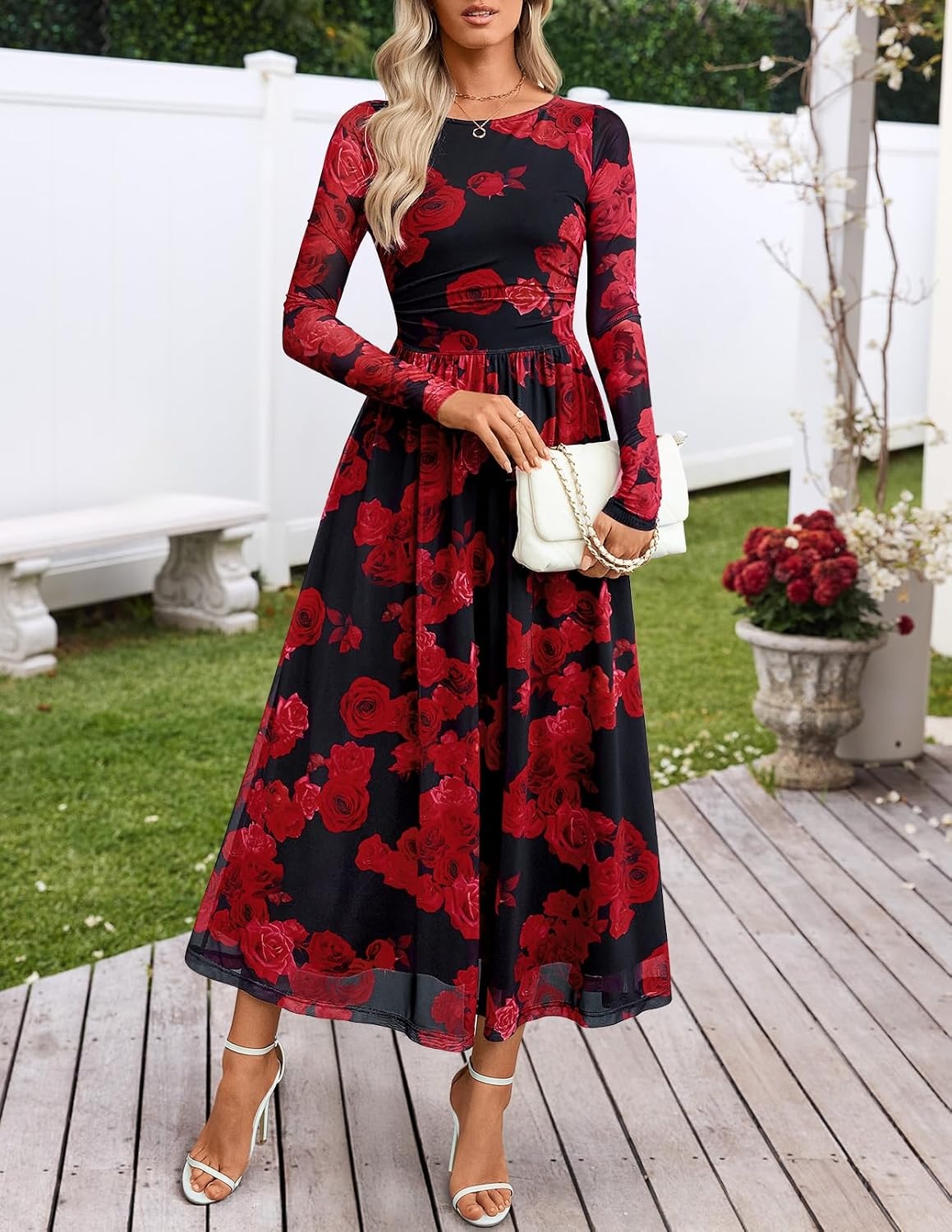 image:imageMEROKEETY Womens Fall Wedding Guest Cocktail Long Sleeve Floral Maxi Dress 2026 Winter Crewneck High Waist A Line Flowy Pleated Lined Party Baby Shower Elegant Formal Long Dress with PocketsBlack Red