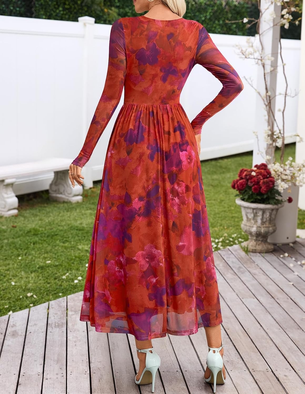 image:imageMEROKEETY Womens Fall Wedding Guest Cocktail Long Sleeve Floral Maxi Dress 2026 Winter Crewneck High Waist A Line Flowy Pleated Lined Party Baby Shower Elegant Formal Long Dress with PocketsRed