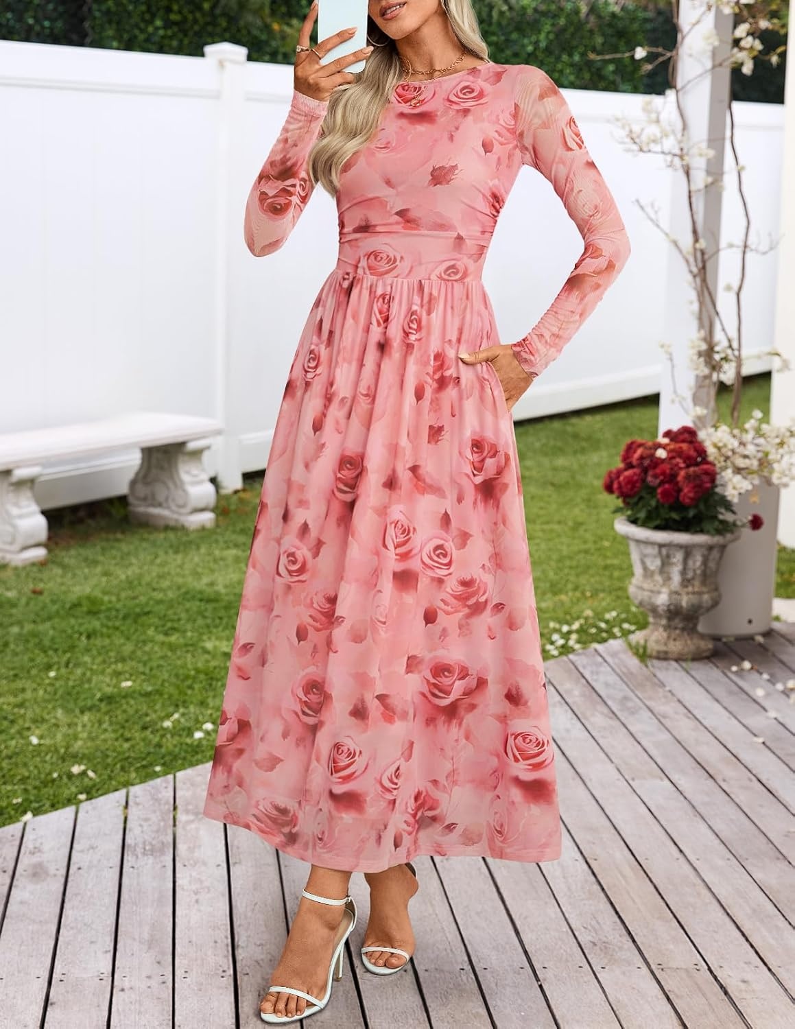 image:imageMEROKEETY Womens Fall Wedding Guest Cocktail Long Sleeve Floral Maxi Dress 2026 Winter Crewneck High Waist A Line Flowy Pleated Lined Party Baby Shower Elegant Formal Long Dress with PocketsPink