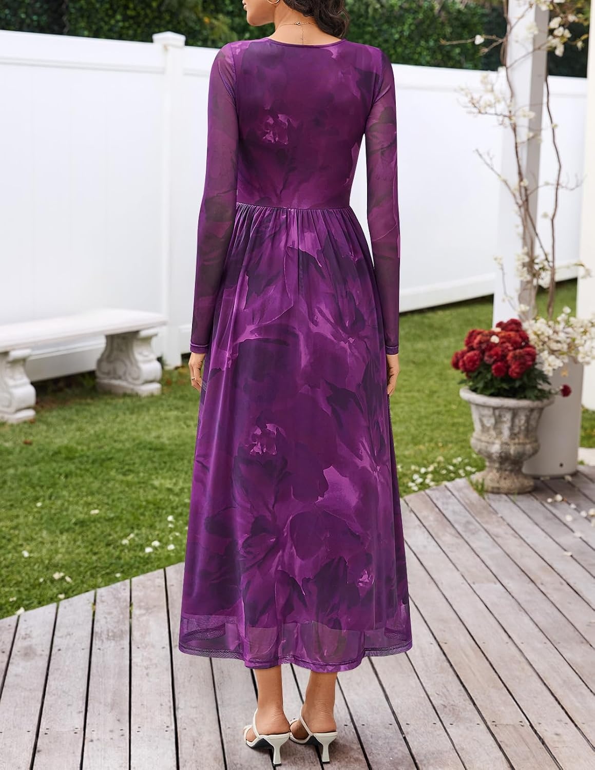 image:imageMEROKEETY Womens Fall Wedding Guest Cocktail Long Sleeve Floral Maxi Dress 2026 Winter Crewneck High Waist A Line Flowy Pleated Lined Party Baby Shower Elegant Formal Long Dress with PocketsPurple