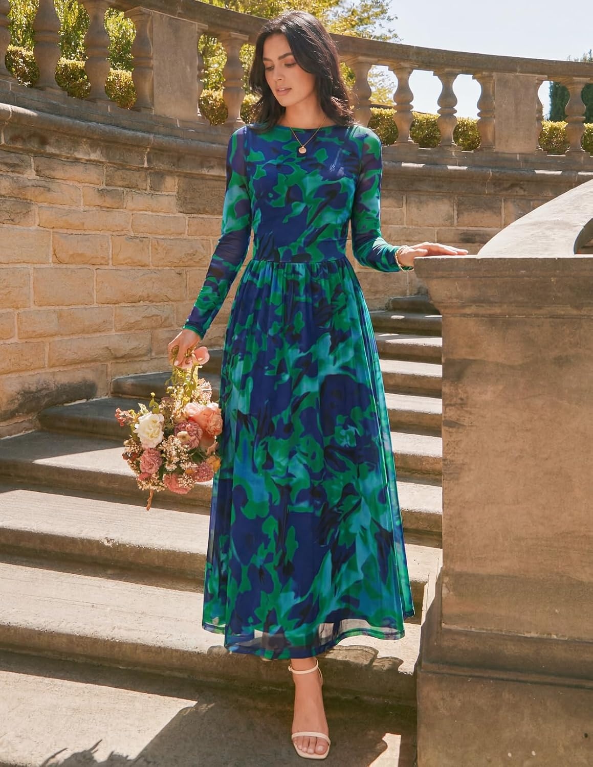 image:imageMEROKEETY Womens Fall Wedding Guest Cocktail Long Sleeve Floral Maxi Dress 2026 Winter Crewneck High Waist A Line Flowy Pleated Lined Party Baby Shower Elegant Formal Long Dress with PocketsGreen