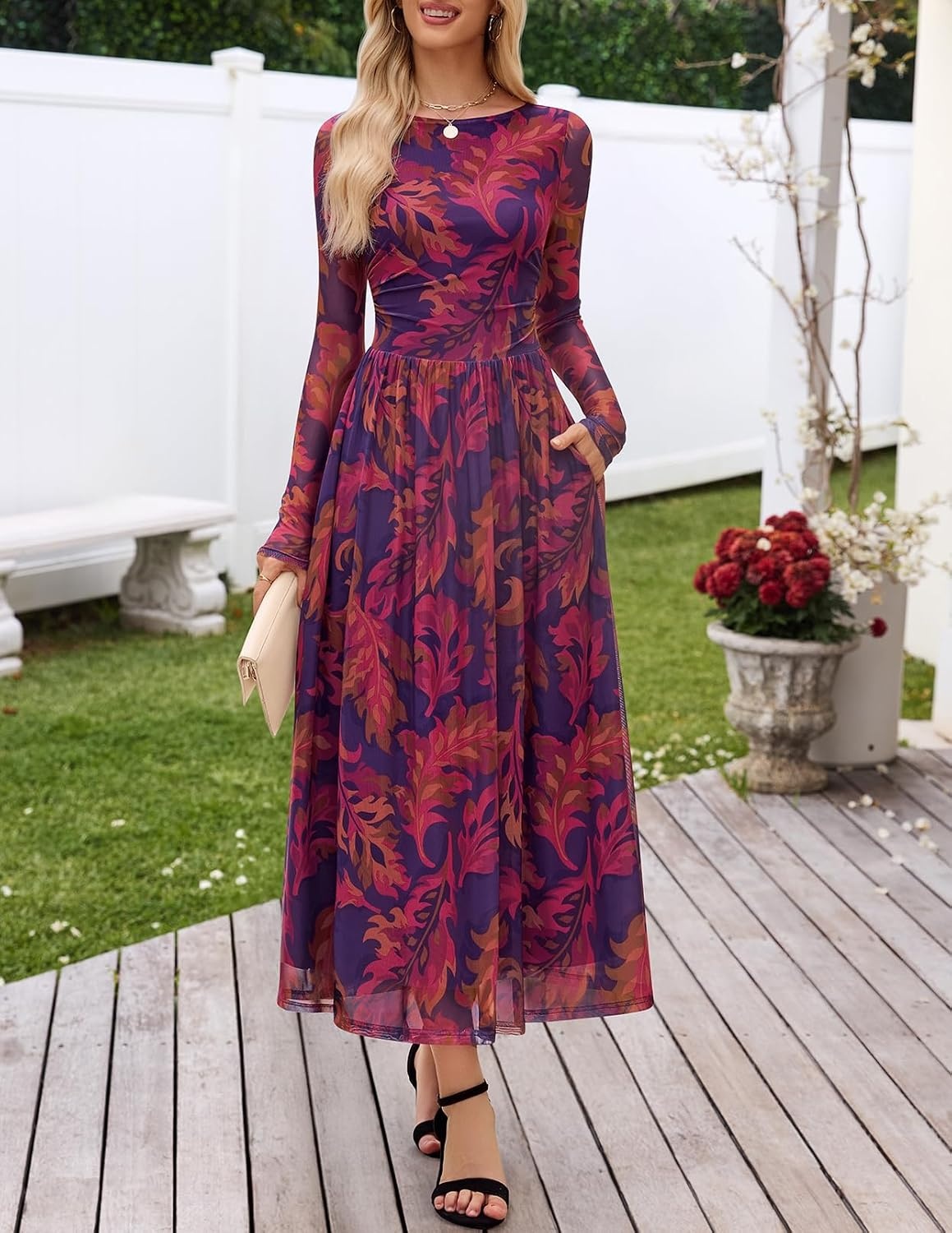 image:imageMEROKEETY Womens Fall Wedding Guest Cocktail Long Sleeve Floral Maxi Dress 2026 Winter Crewneck High Waist A Line Flowy Pleated Lined Party Baby Shower Elegant Formal Long Dress with PocketsPlum