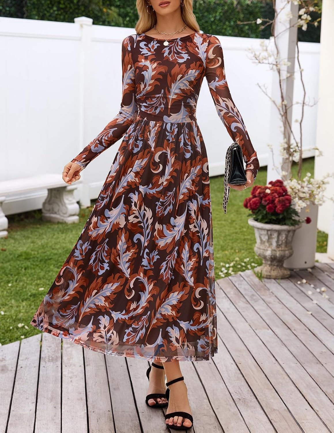 image:imageMEROKEETY Womens Fall Wedding Guest Cocktail Long Sleeve Floral Maxi Dress 2026 Winter Crewneck High Waist A Line Flowy Pleated Lined Party Baby Shower Elegant Formal Long Dress with PocketsBrown