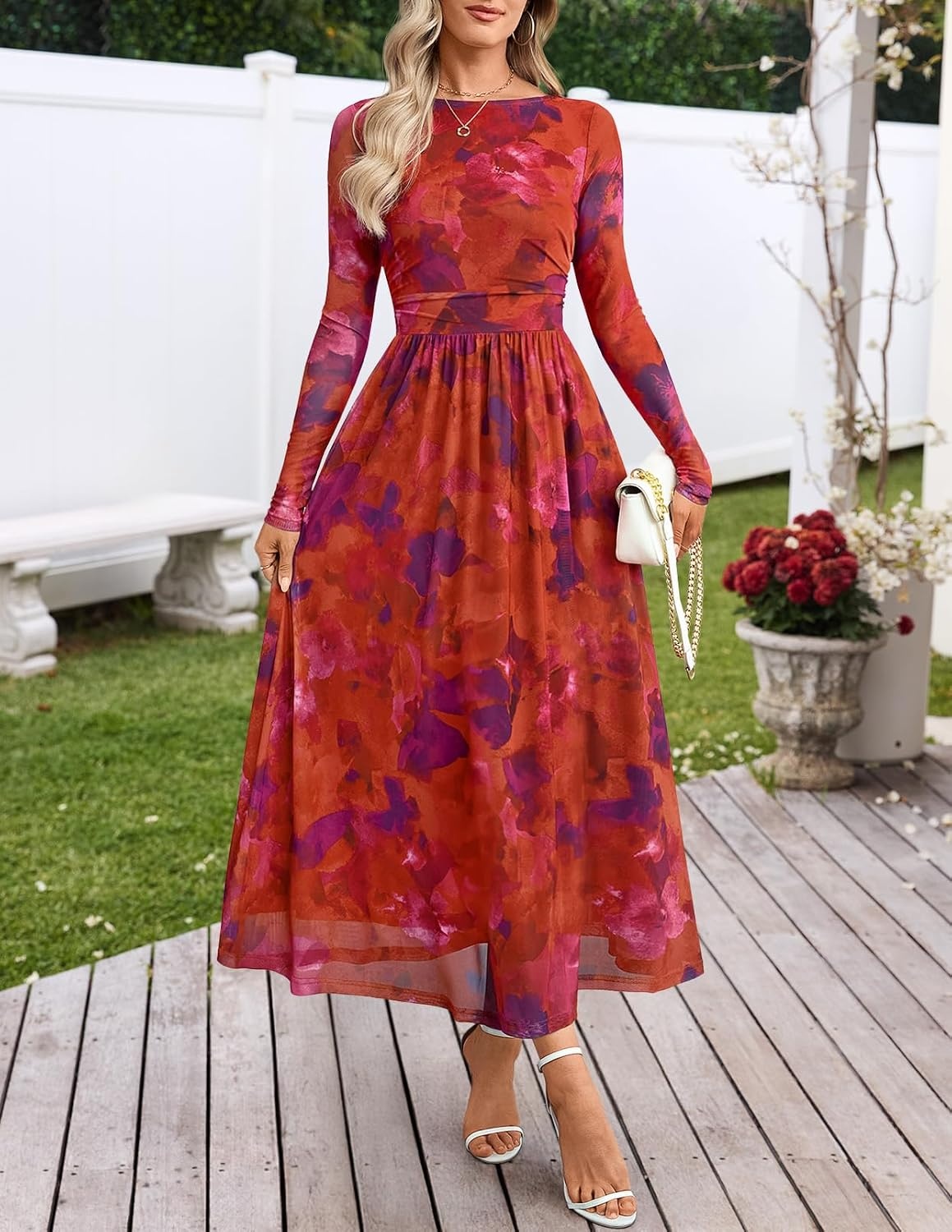 image:imageMEROKEETY Womens Fall Wedding Guest Cocktail Long Sleeve Floral Maxi Dress 2026 Winter Crewneck High Waist A Line Flowy Pleated Lined Party Baby Shower Elegant Formal Long Dress with PocketsRed