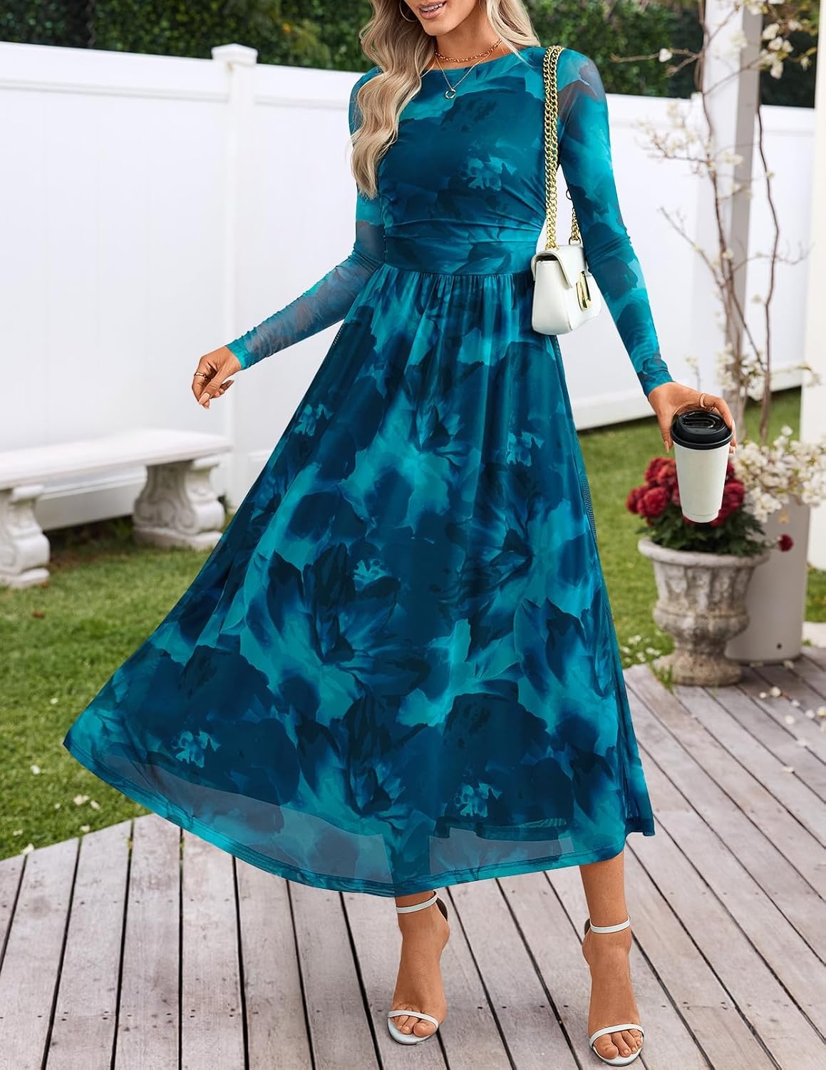 image:imageMEROKEETY Womens Fall Wedding Guest Cocktail Long Sleeve Floral Maxi Dress 2026 Winter Crewneck High Waist A Line Flowy Pleated Lined Party Baby Shower Elegant Formal Long Dress with PocketsTeal