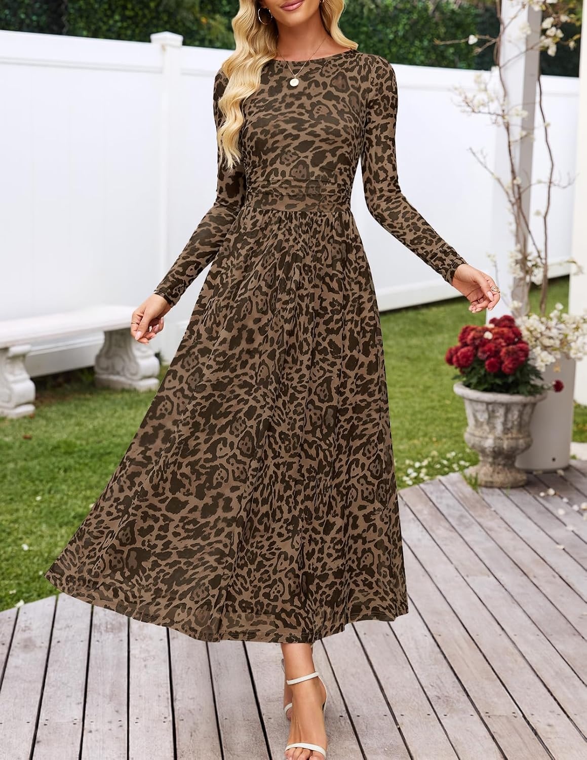 image:imageMEROKEETY Womens Fall Wedding Guest Cocktail Long Sleeve Floral Maxi Dress 2026 Winter Crewneck High Waist A Line Flowy Pleated Lined Party Baby Shower Elegant Formal Long Dress with PocketsLeopard
